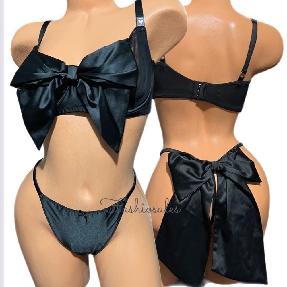 Victorias Secret LUXE Satin Embellished Bow Set Dream Angels Push Up Bra & Thong